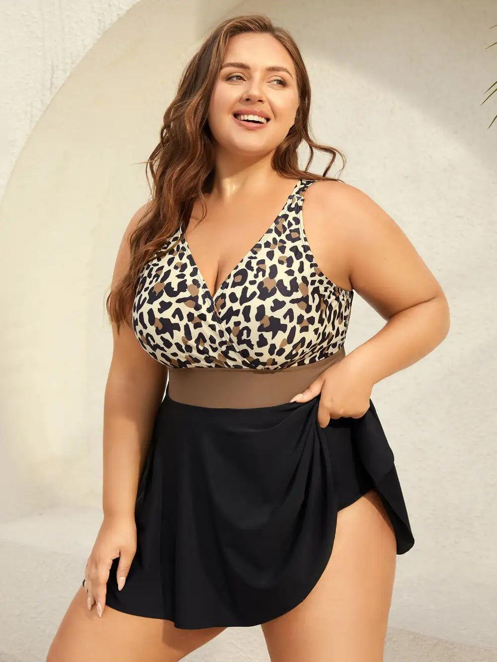 Leopard Print Color Block Swim Dress