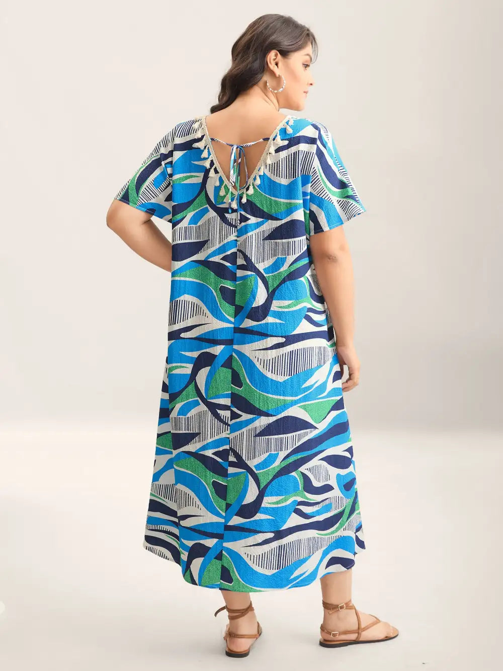 Abstract Print Backless Ribbon Maxi Dress