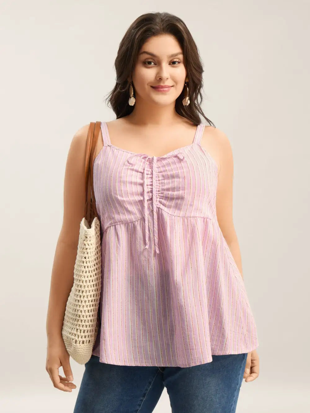 Stripes Neck Ties Ruched Tank Top