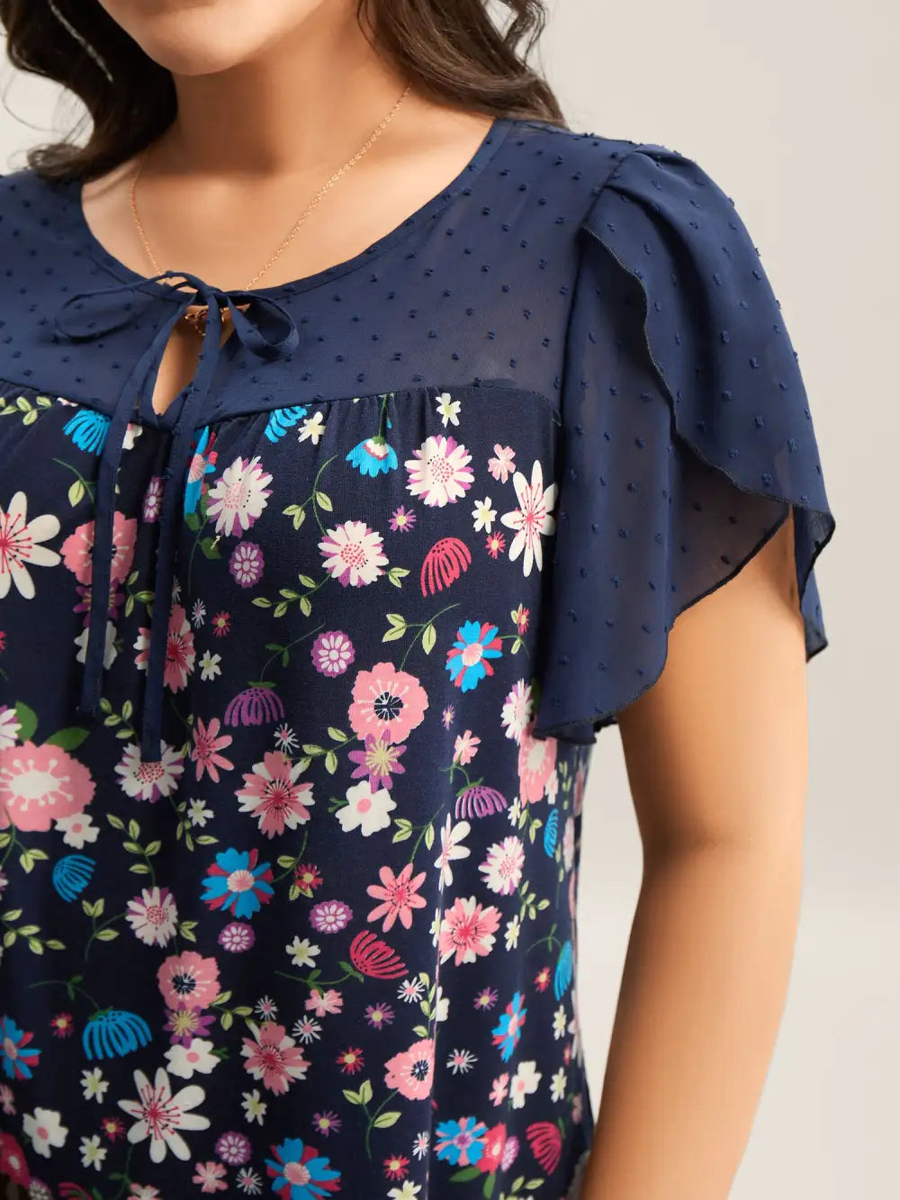 Floral Print Petal Sleeves Spliced Top