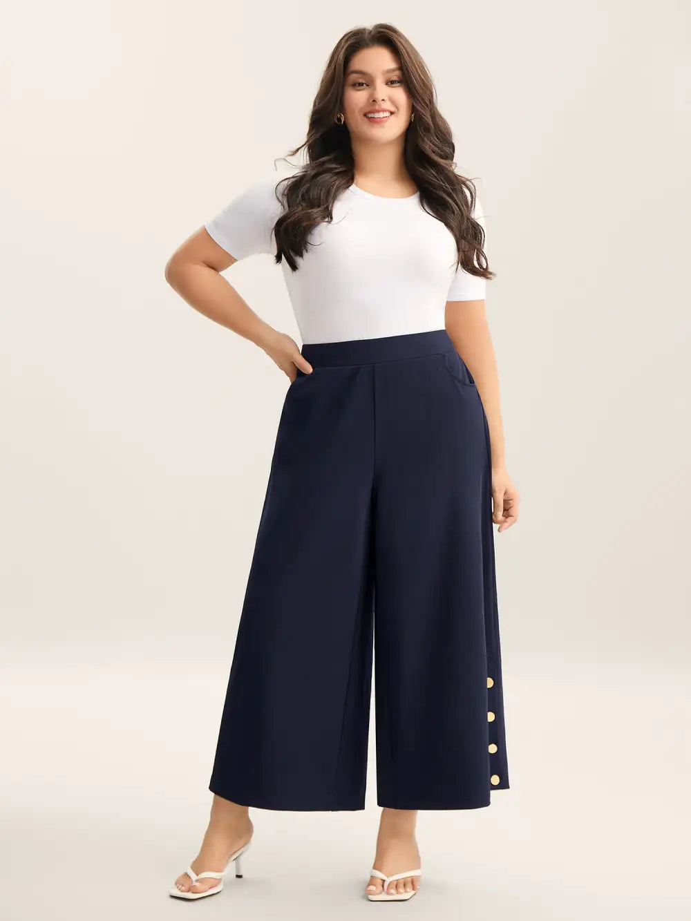 Button Detail Wide-Leg Pull-On Pants