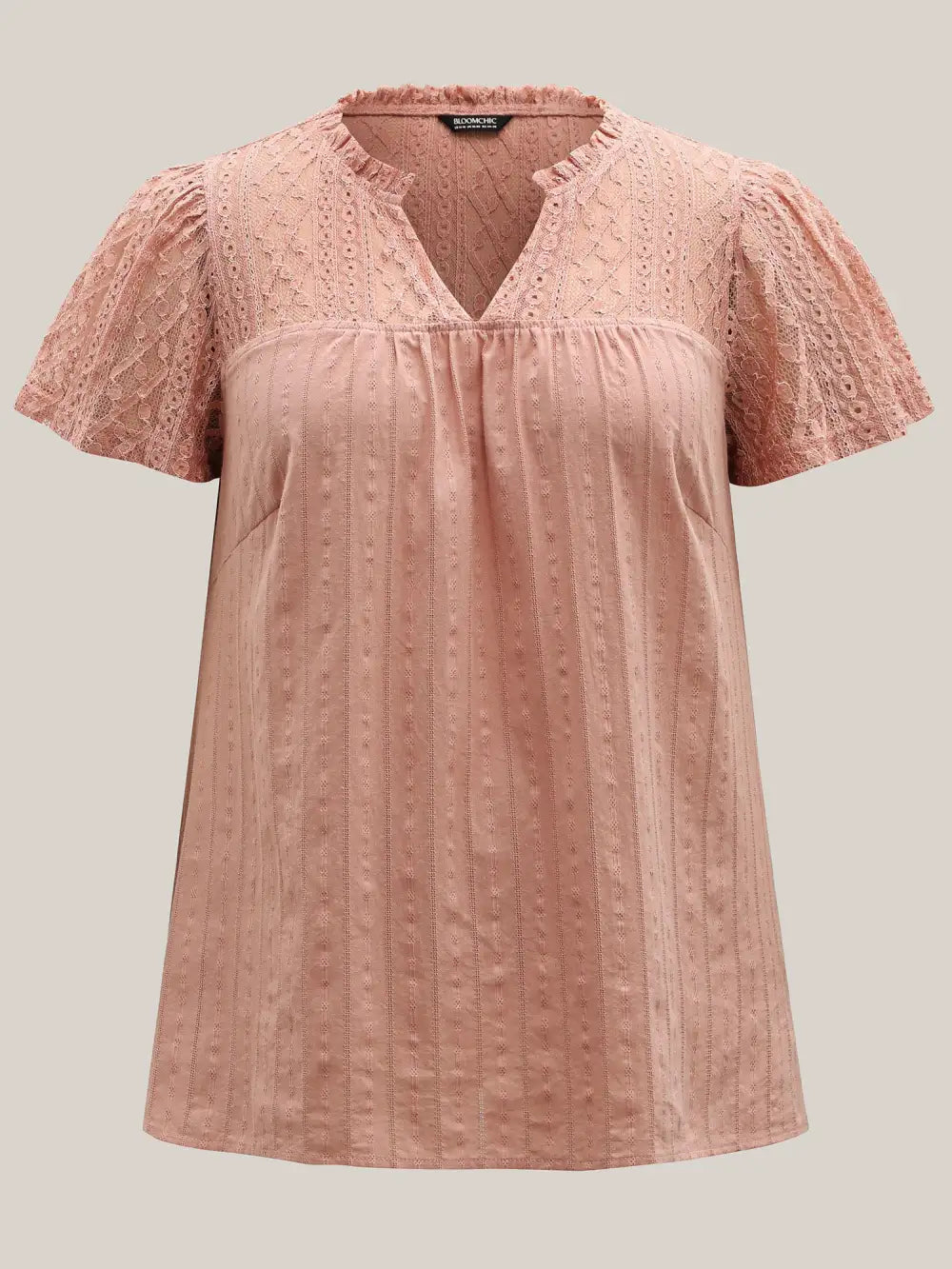 Sheer Notched Collar Textured Spliced Blouse