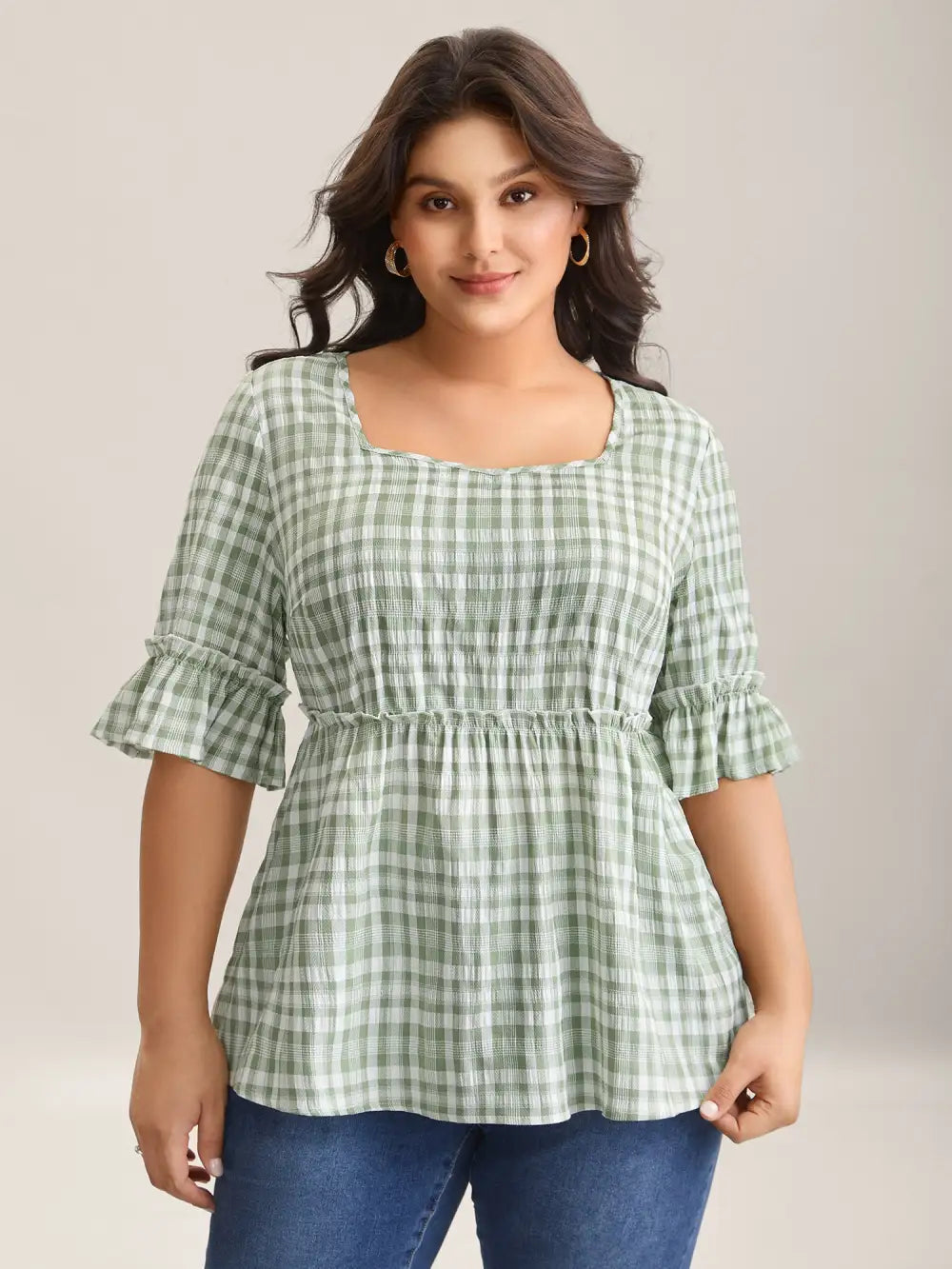 Plaid Pattern Ruffled Sleeve Babydoll Top