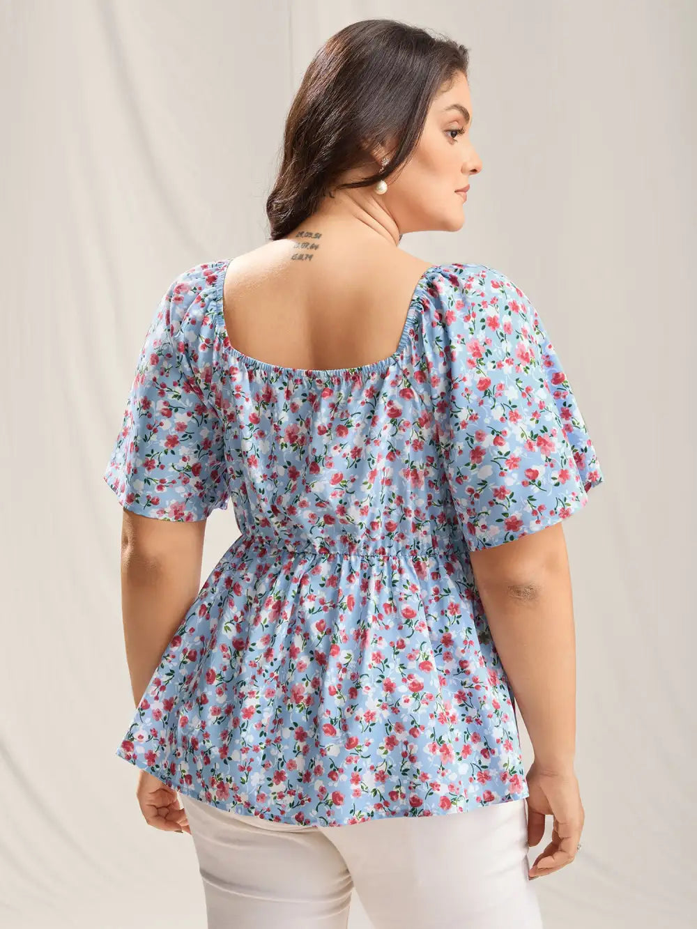 Floral Print Sweetheart Cinched-Waist Blouse