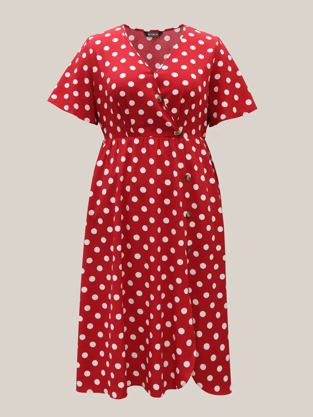 Polka Dots Surplice Button Detail Midi Dress