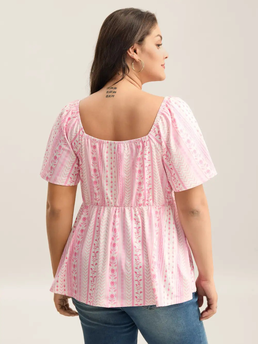 Floral Stripes Pleated Sweetheart Neck Top