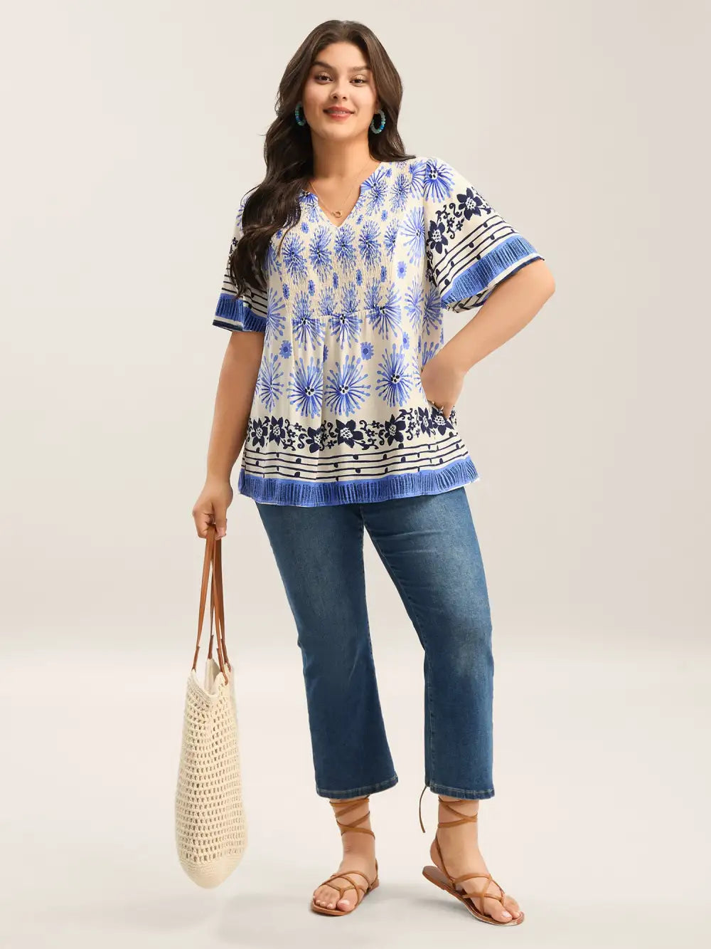 Floral Symphony Print Split Neck Blouse