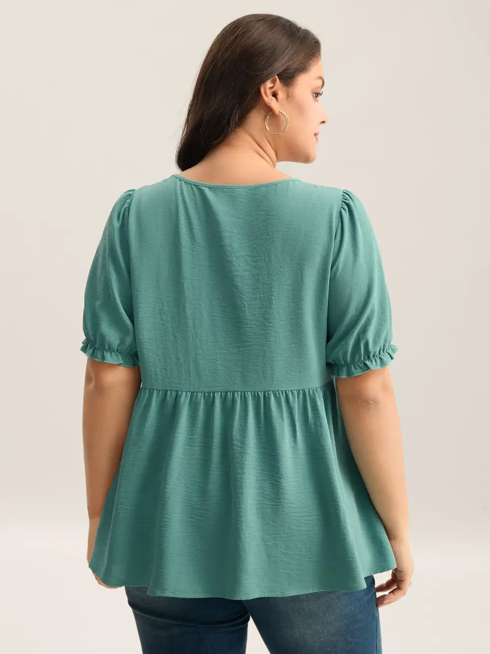 Pleated Bodice Puff Sleeve Plain Top