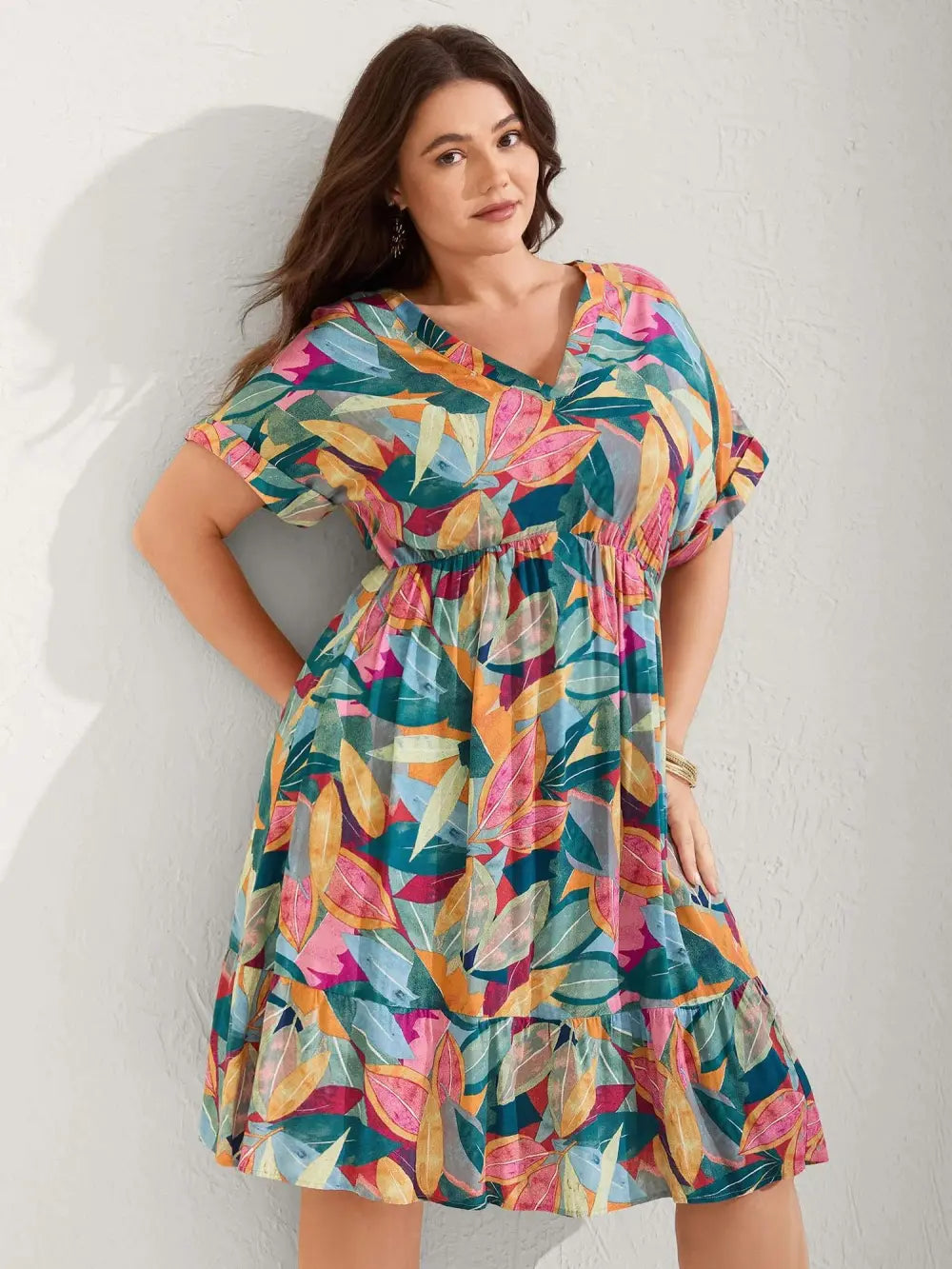 Rayon Leafy Print Pockets Midi Dress