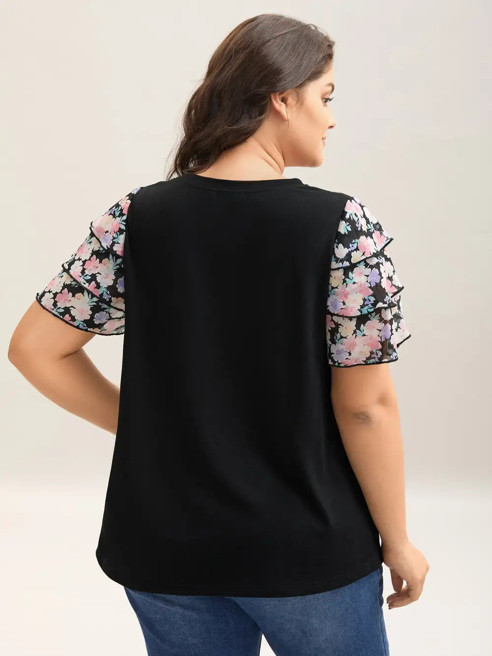 Floral Layered Sleeve Spliced Plain T-Shirt