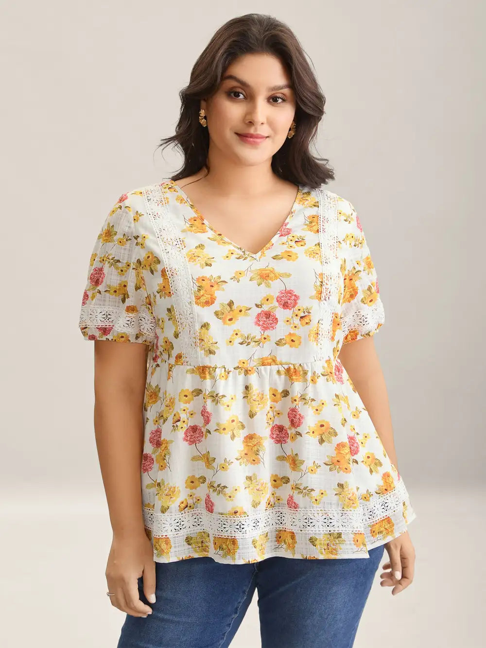 Floral Lace Trim Textured Babydoll Top