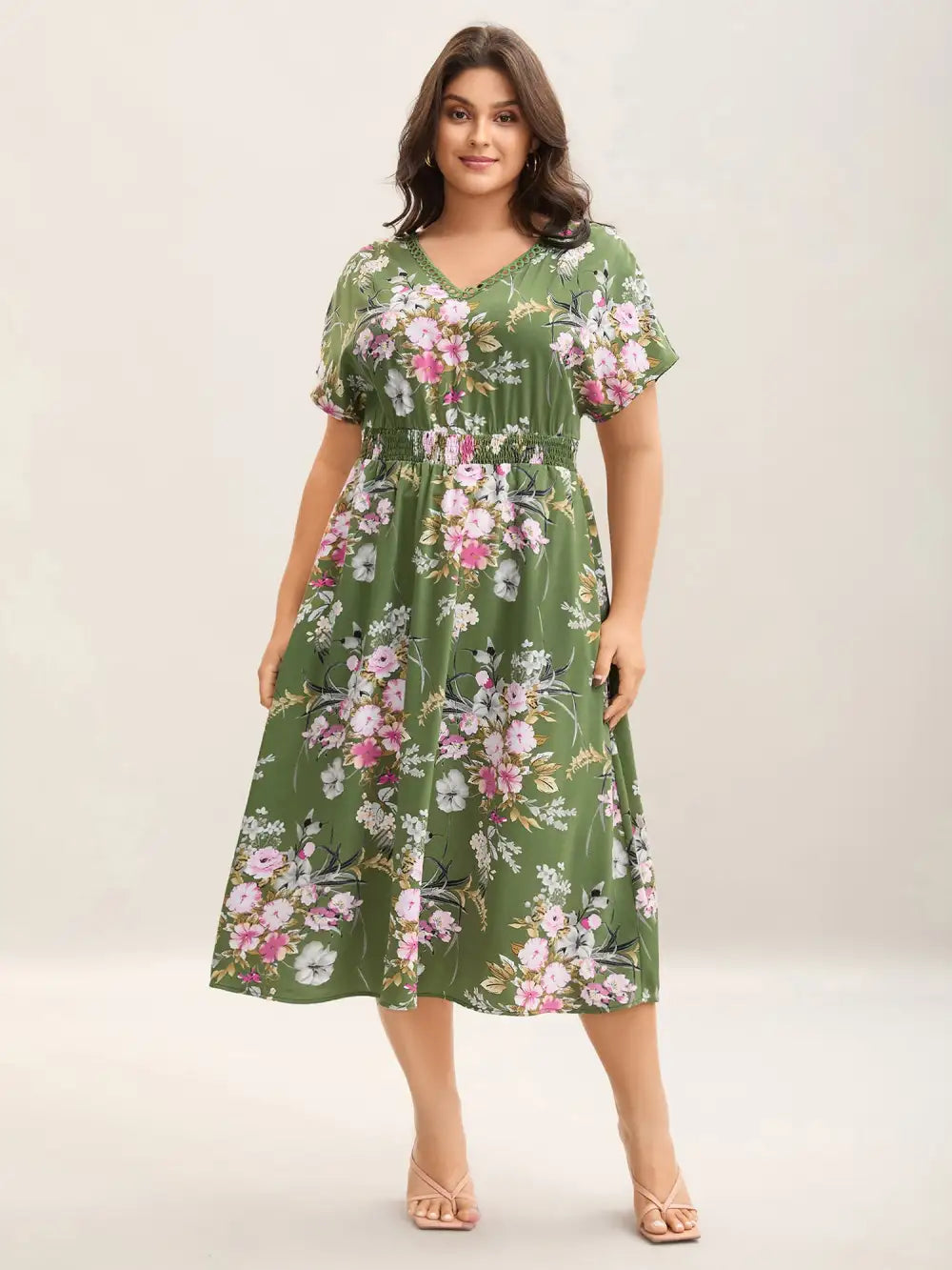 Floral Print Lace Trim Pockets Maxi Dress