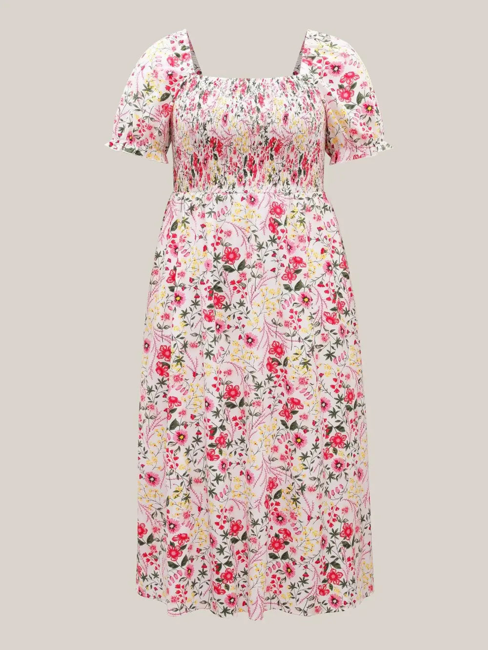 Shirred Floral Print Pockets Maxi Dress