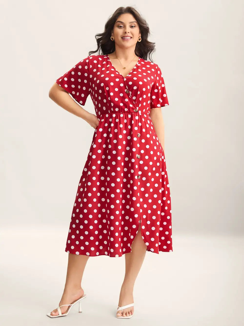 Polka Dots Surplice Button Detail Midi Dress
