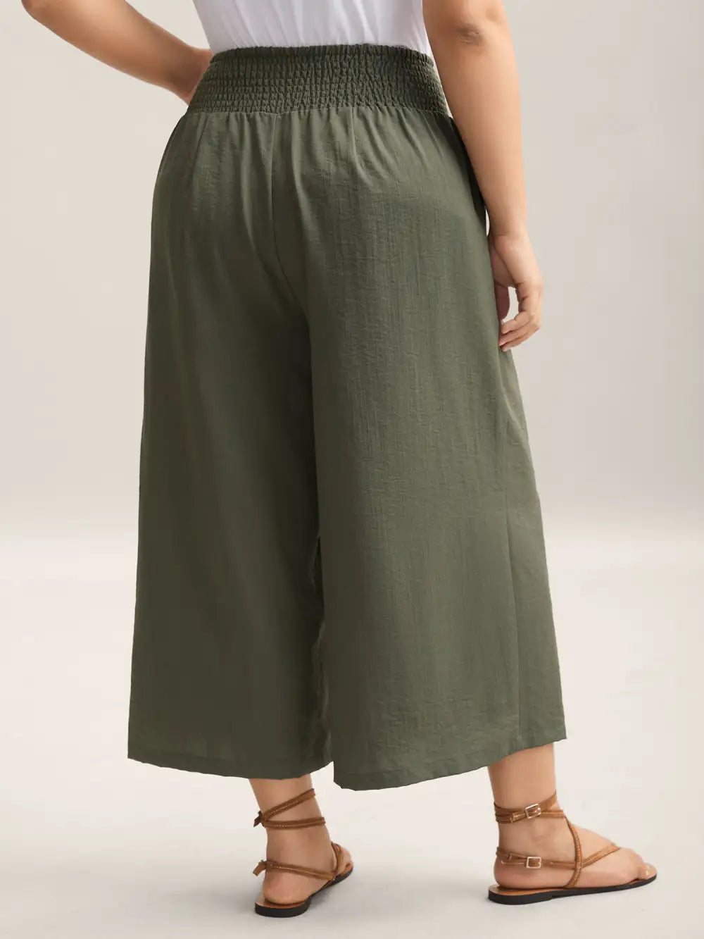 Shirred Waist Wide-Leg Solid Pants