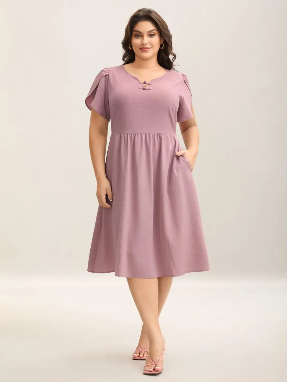 Textured Split Neck Button Plain Midi Dress