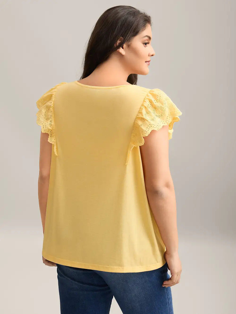 Eyelet Trim Plain Flutter Sleeve Top