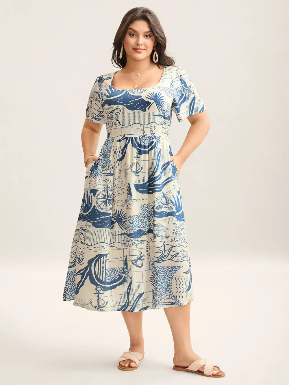 Ocean Symphony Print Pockets Midi Dress