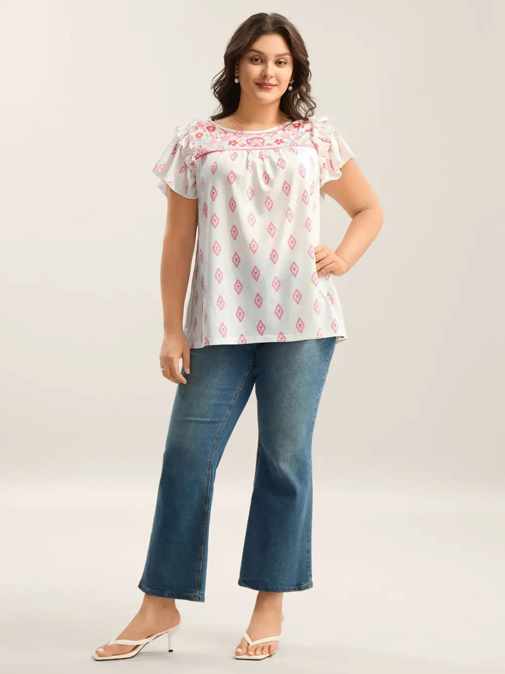 Boho Print Ruffled Sleeve Sheer Top