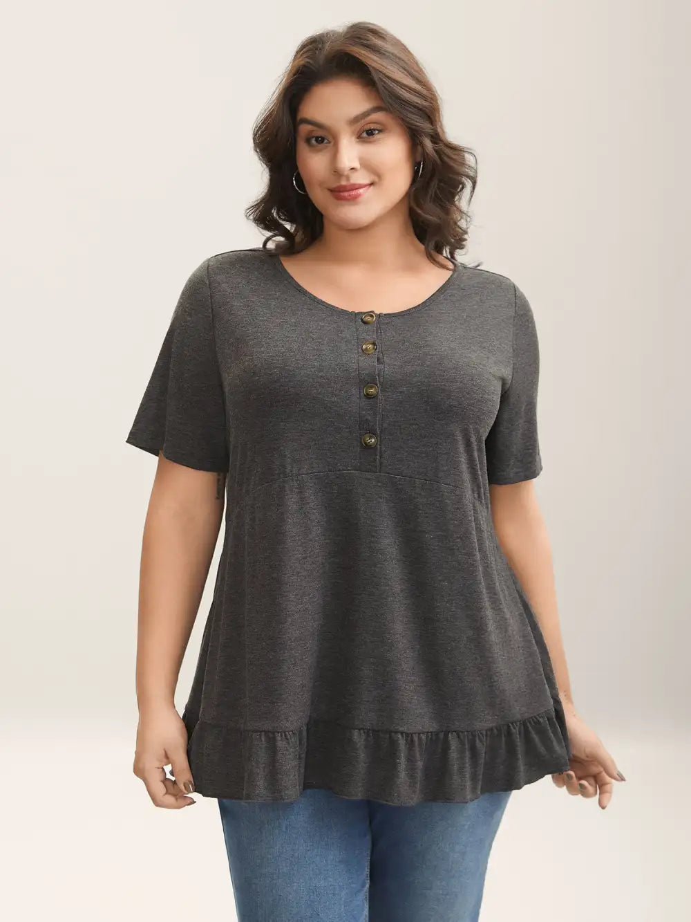Button Detail Ruffled Hem Babydoll T-Shirt