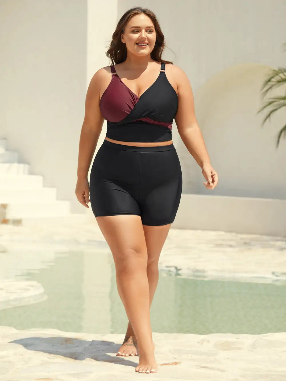 Color Block Twist Front Ruched Swim Top