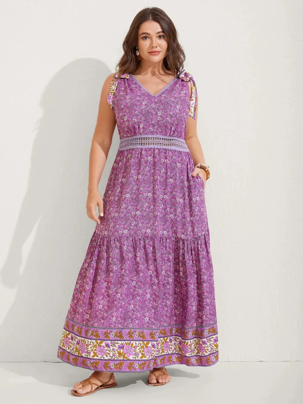 Ribbon Shoulder Tie Tiered Maxi Dress