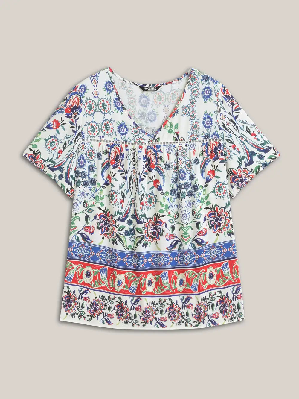 Rayon Floral Boho Print Lace Trim Blouse