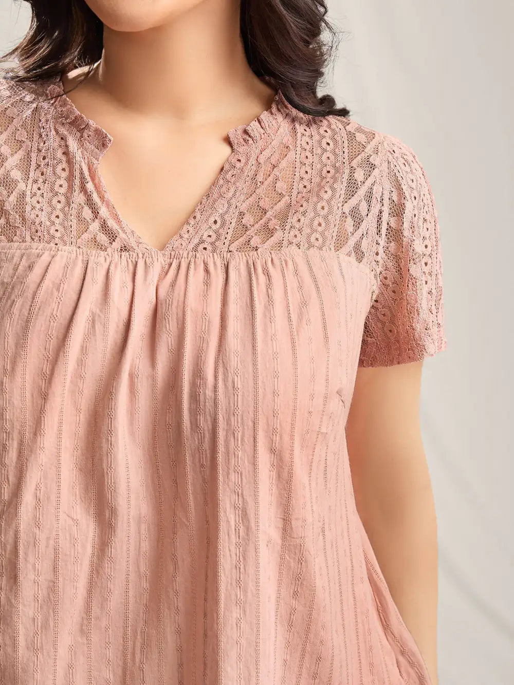 Sheer Notched Collar Textured Spliced Blouse