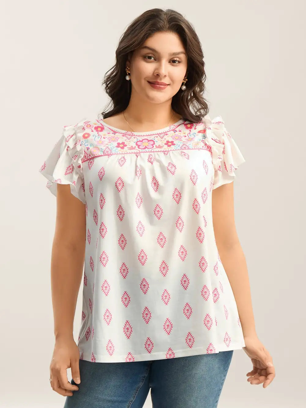 Boho Print Ruffled Sleeve Sheer Top