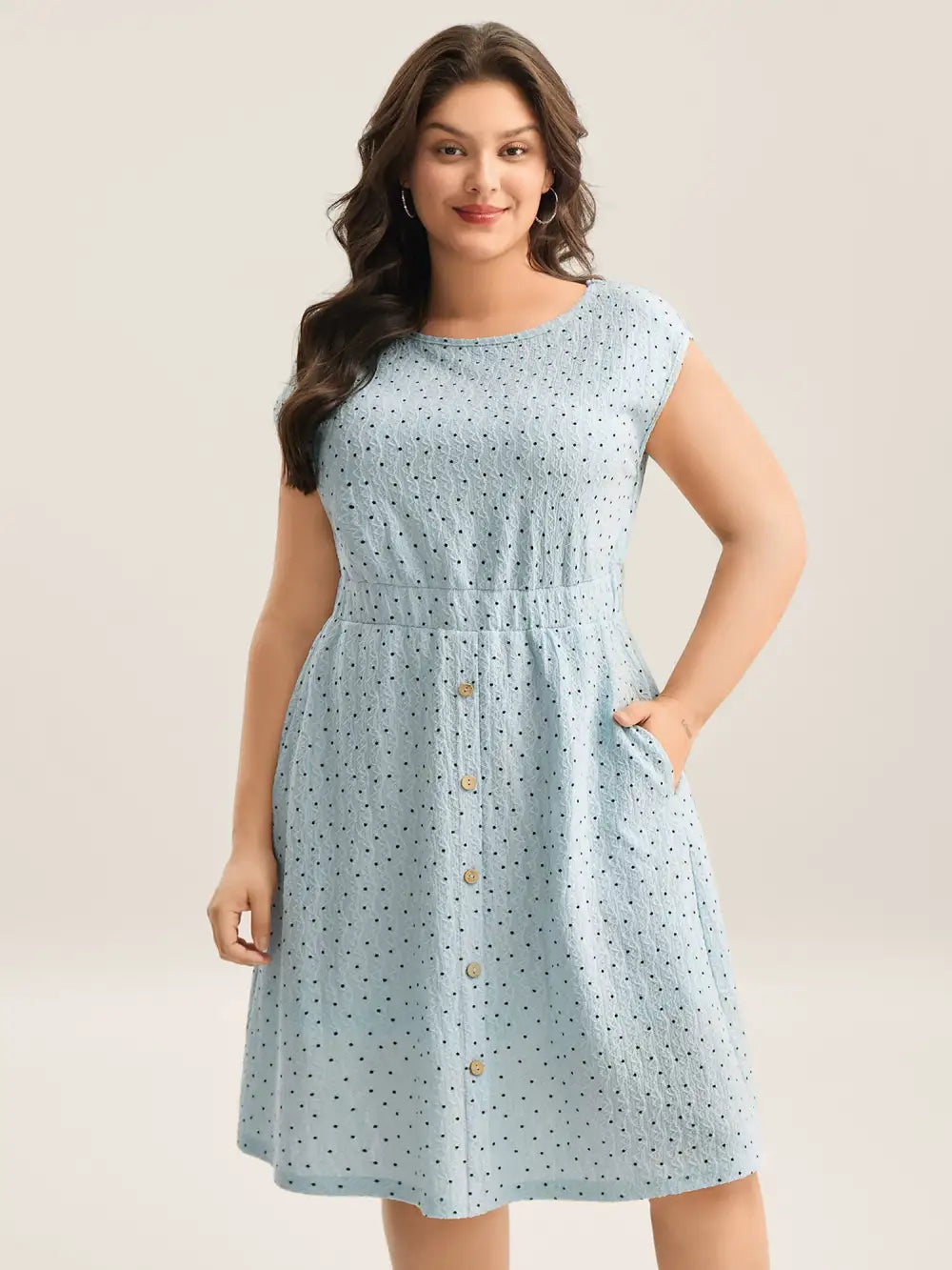 Textured Dot Print Button Detail Midi Dress