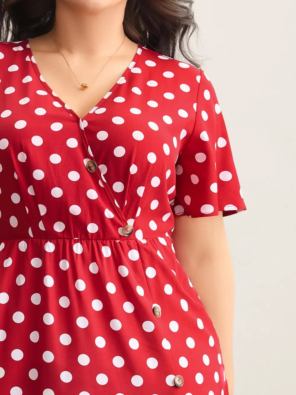 Polka Dots Surplice Button Detail Midi Dress