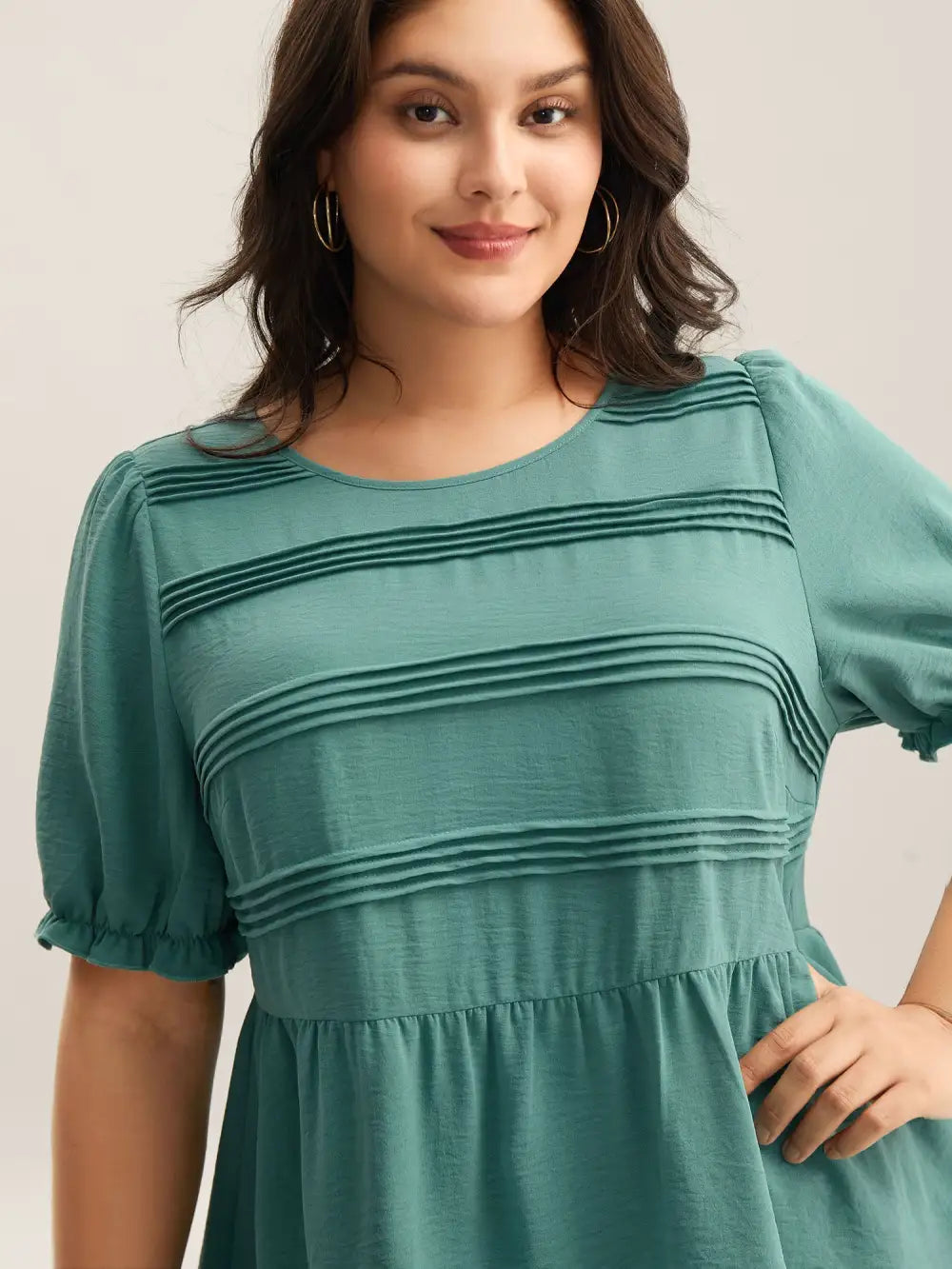 Pleated Bodice Puff Sleeve Plain Top