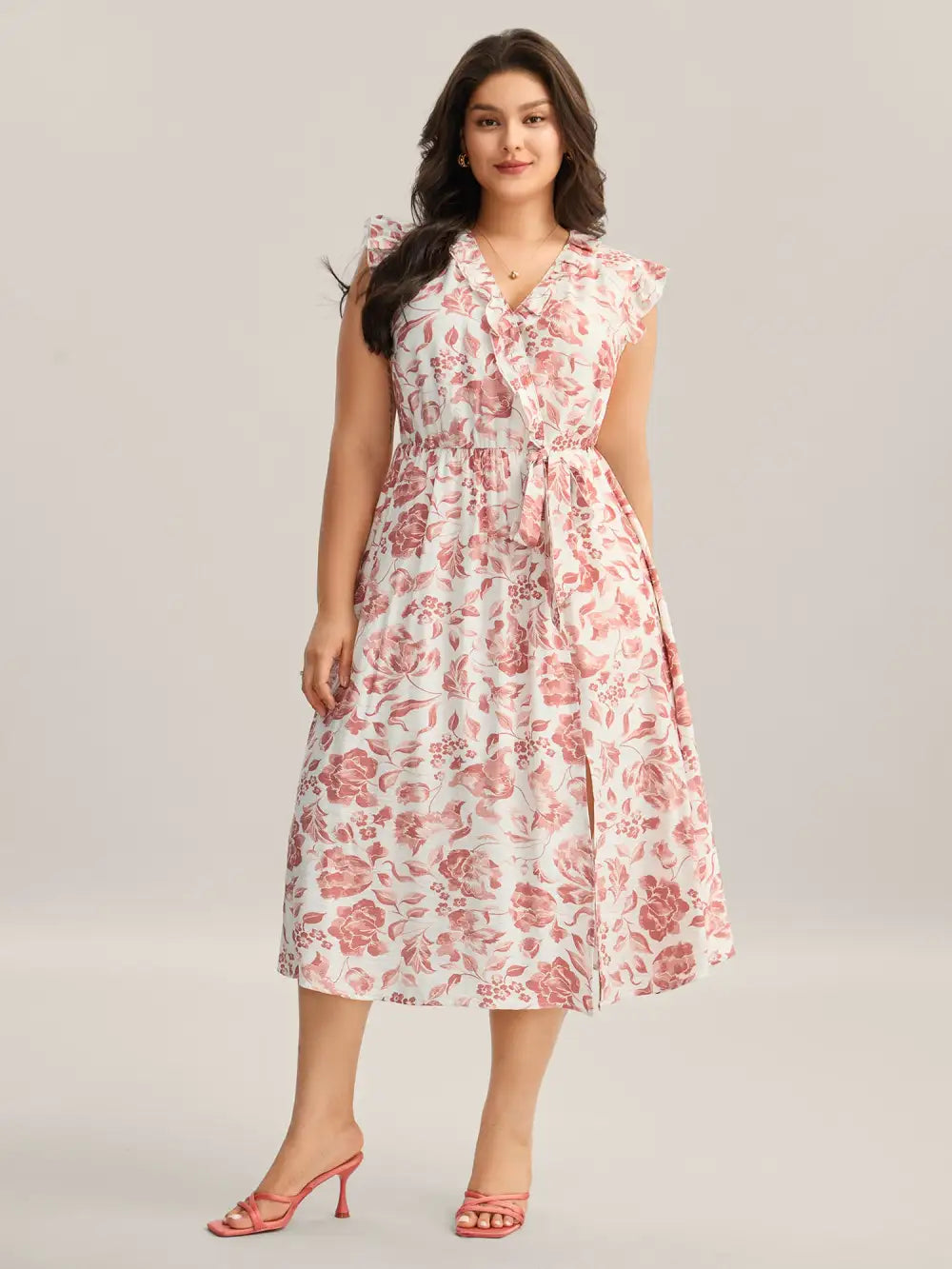Monochrome Floral Print Ruffled Midi Dress