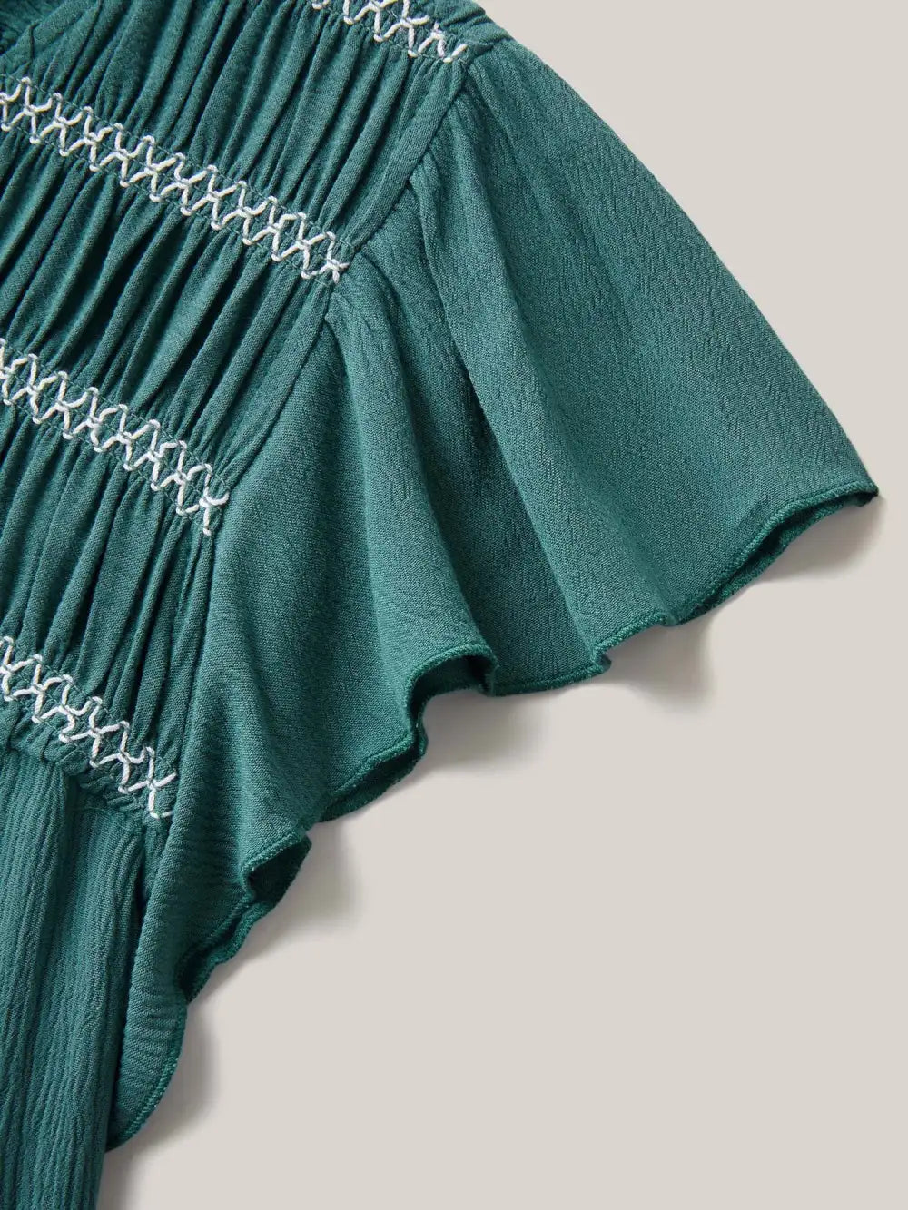 Rayon Shirred Neck Flutter Sleeve Tiered Blouse