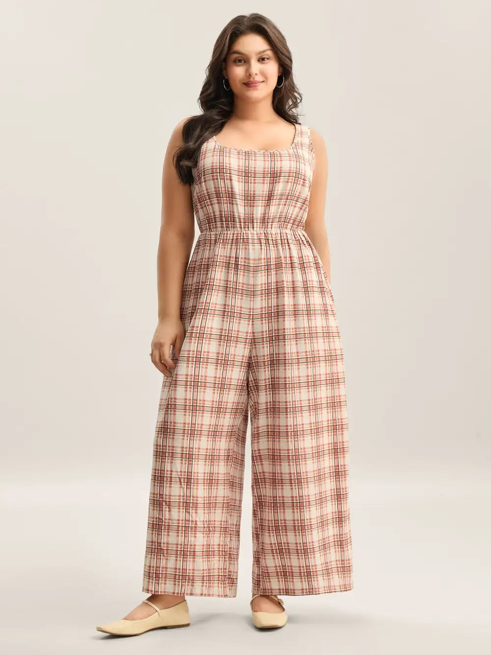 Plaid Pockets Wide-Leg Jumpsuit