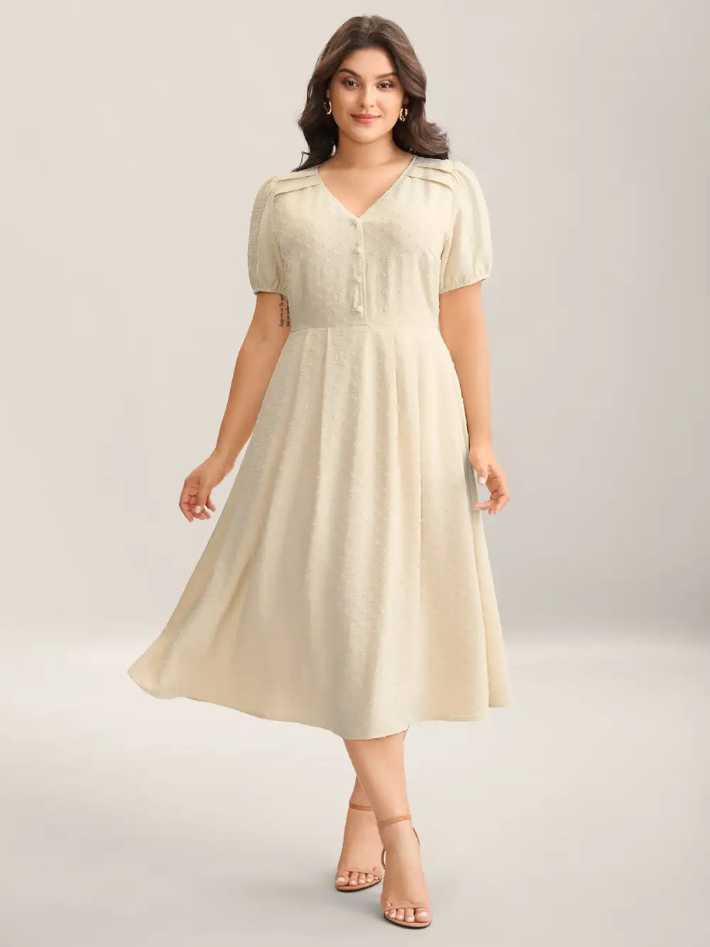 Shoulder Pleats Textured Button Maxi Dress