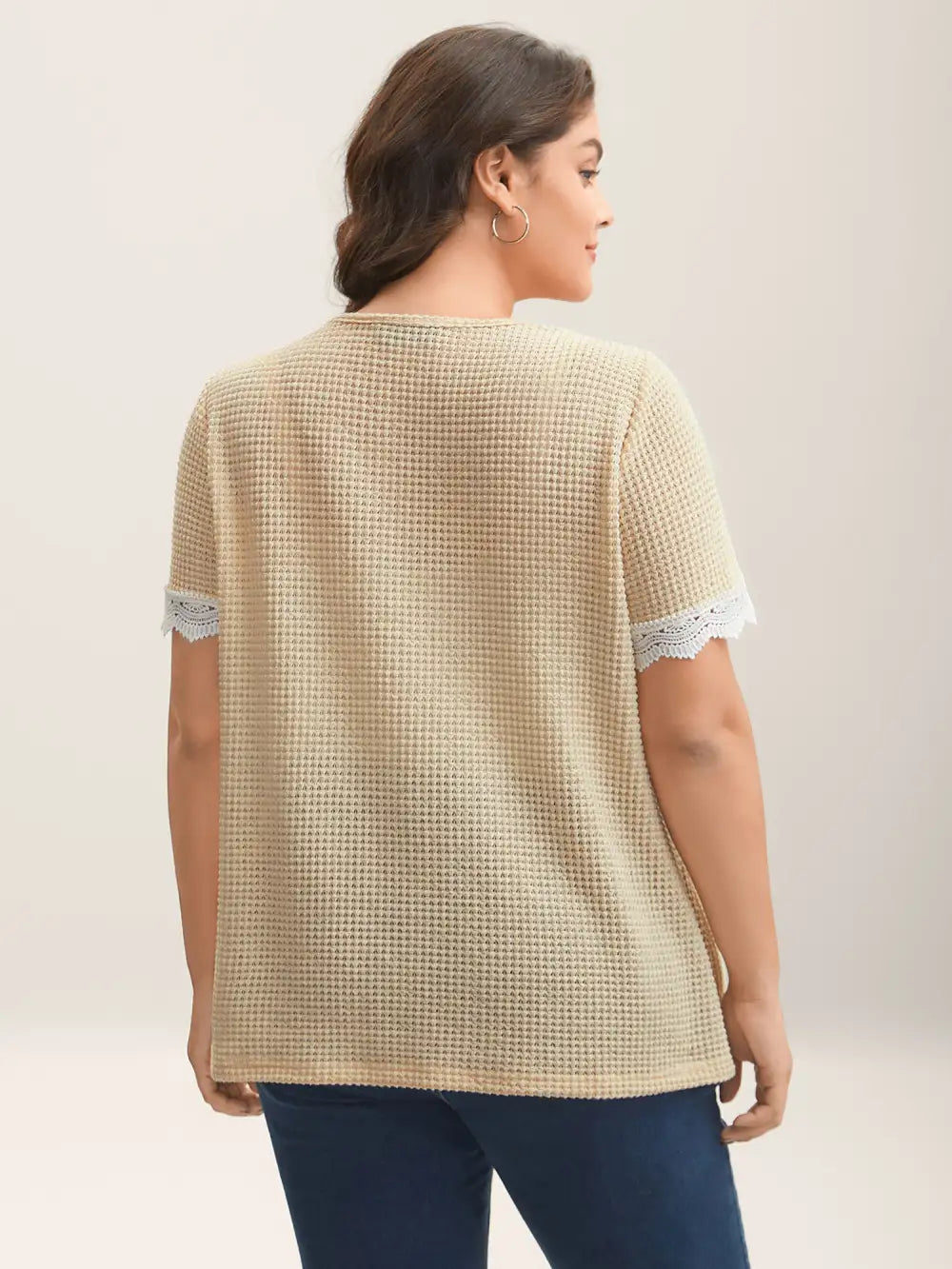 Sheer Waffle Textured Lace Trim T-Shirt