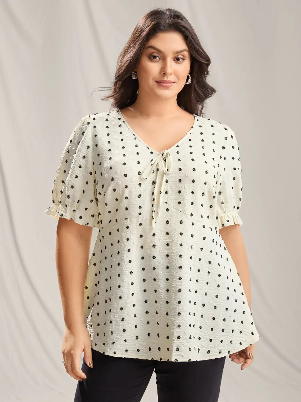 Polka Dots Print Neck Tie Blouse