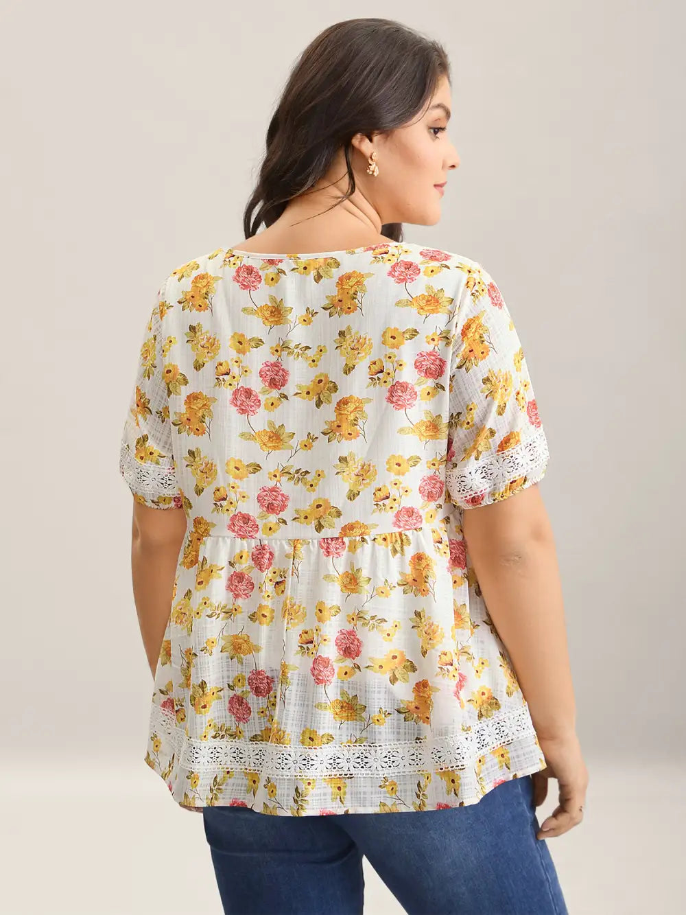 Floral Lace Trim Textured Babydoll Top