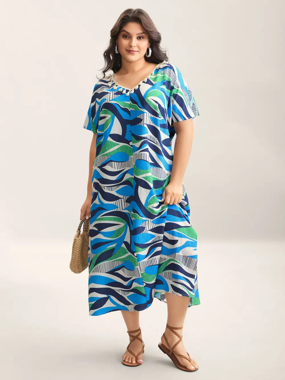 Abstract Print Backless Ribbon Maxi Dress