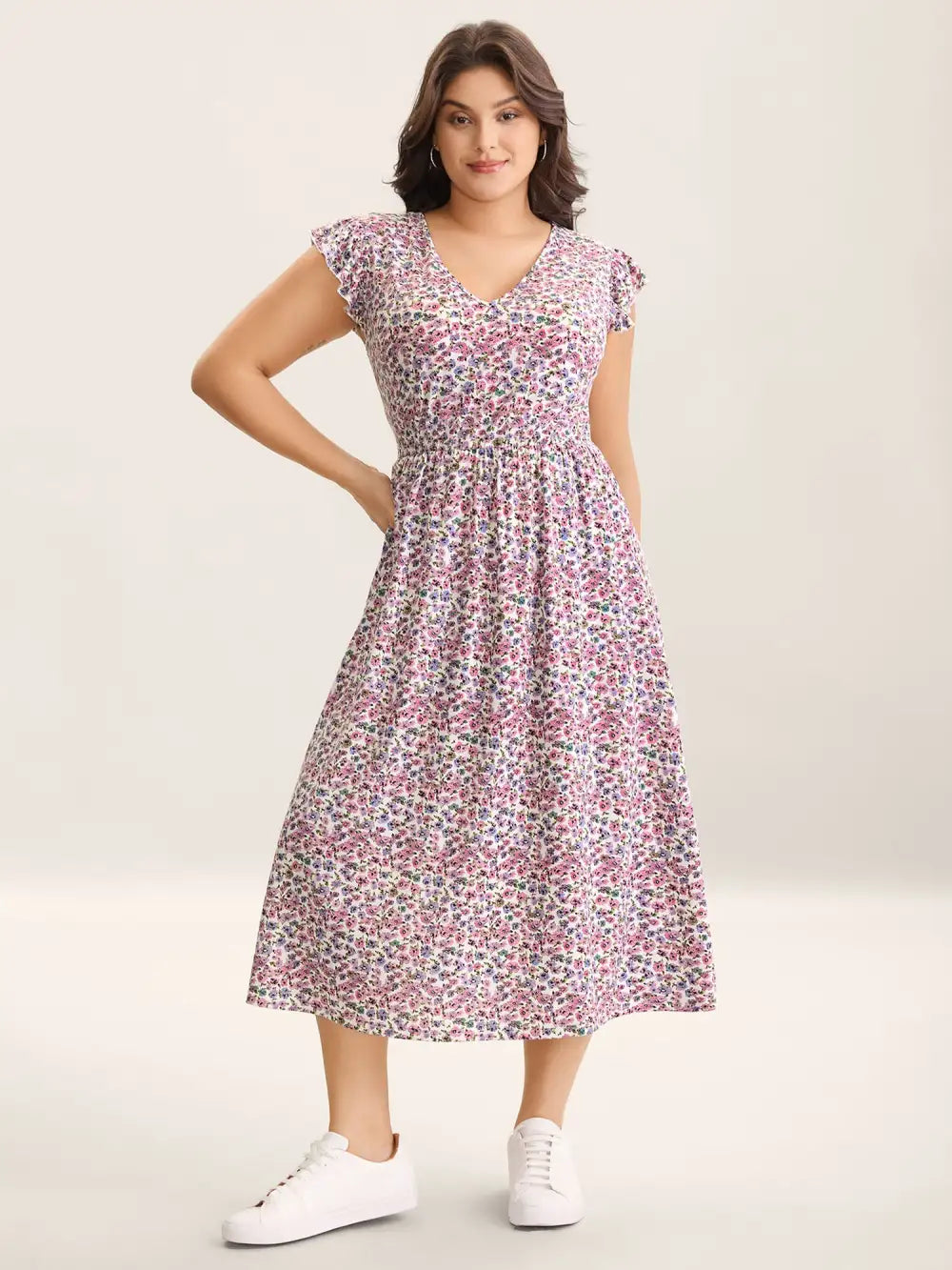 Ditsy Floral Flutter Sleeve Pockets Midi Dress