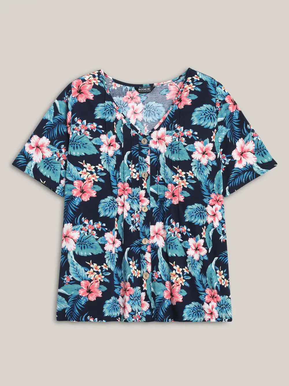 Large Flower Print Toothpick Pleat T-Shirt