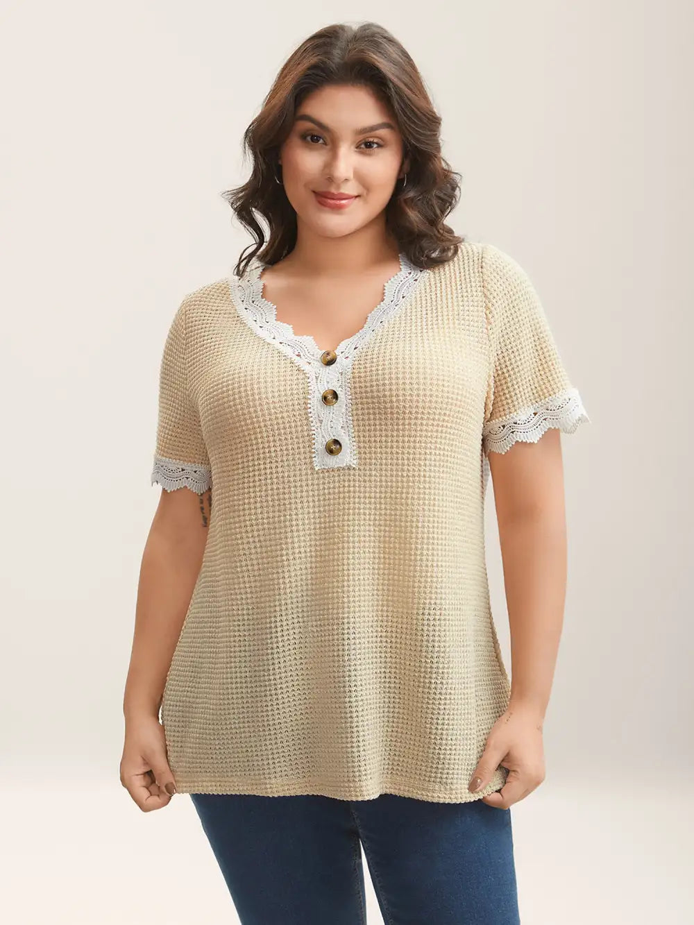 Sheer Waffle Textured Lace Trim T-Shirt