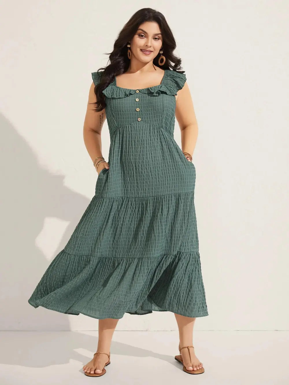 Textured Ruffled Neck Pockets Midi Dress