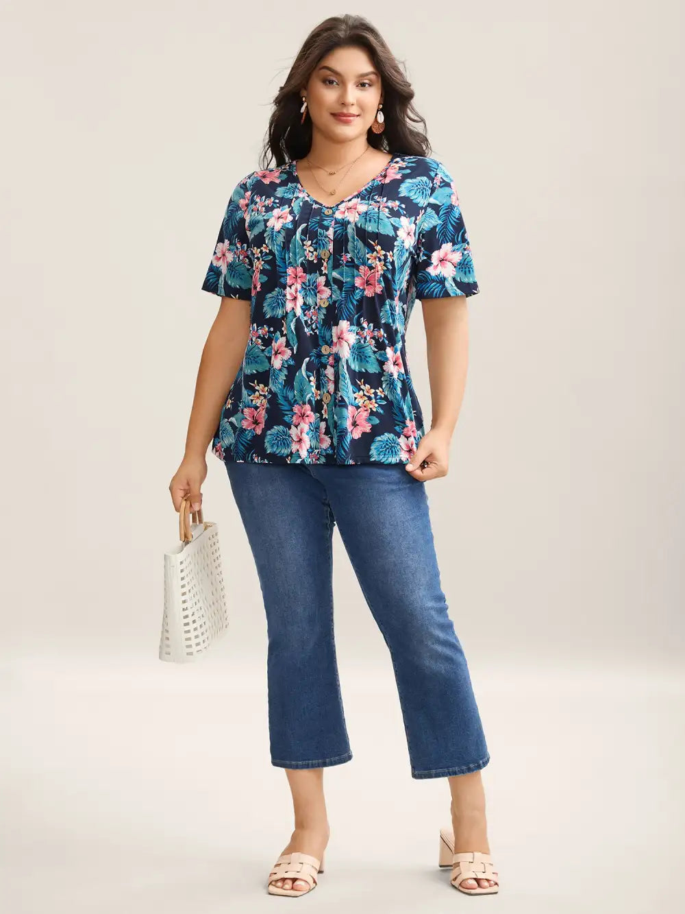 Large Flower Print Toothpick Pleat T-Shirt