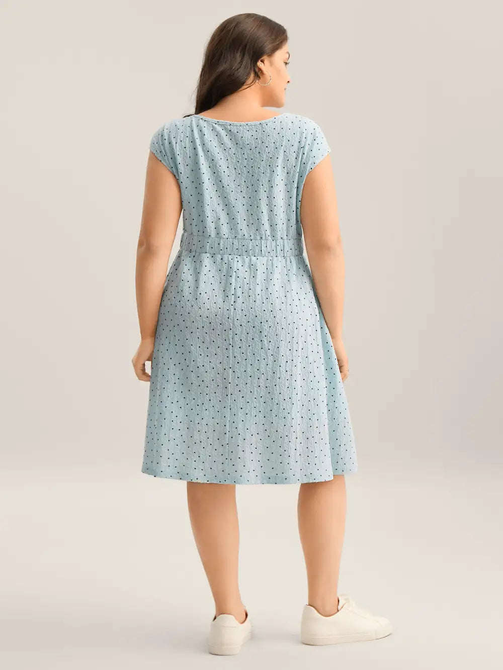 Textured Dot Print Button Detail Midi Dress