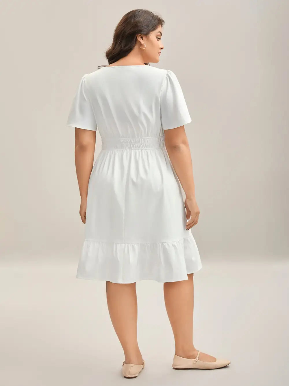 Woven Shirred Waist Split Neck Midi Dress