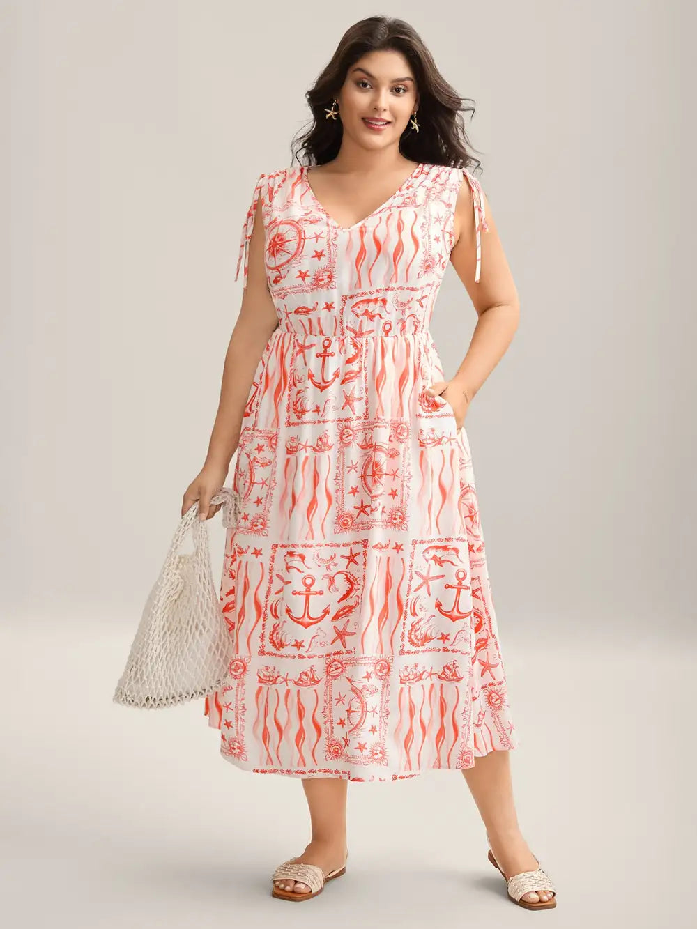Nautical Print Sleeveless Ties Pockets Maxi Dress