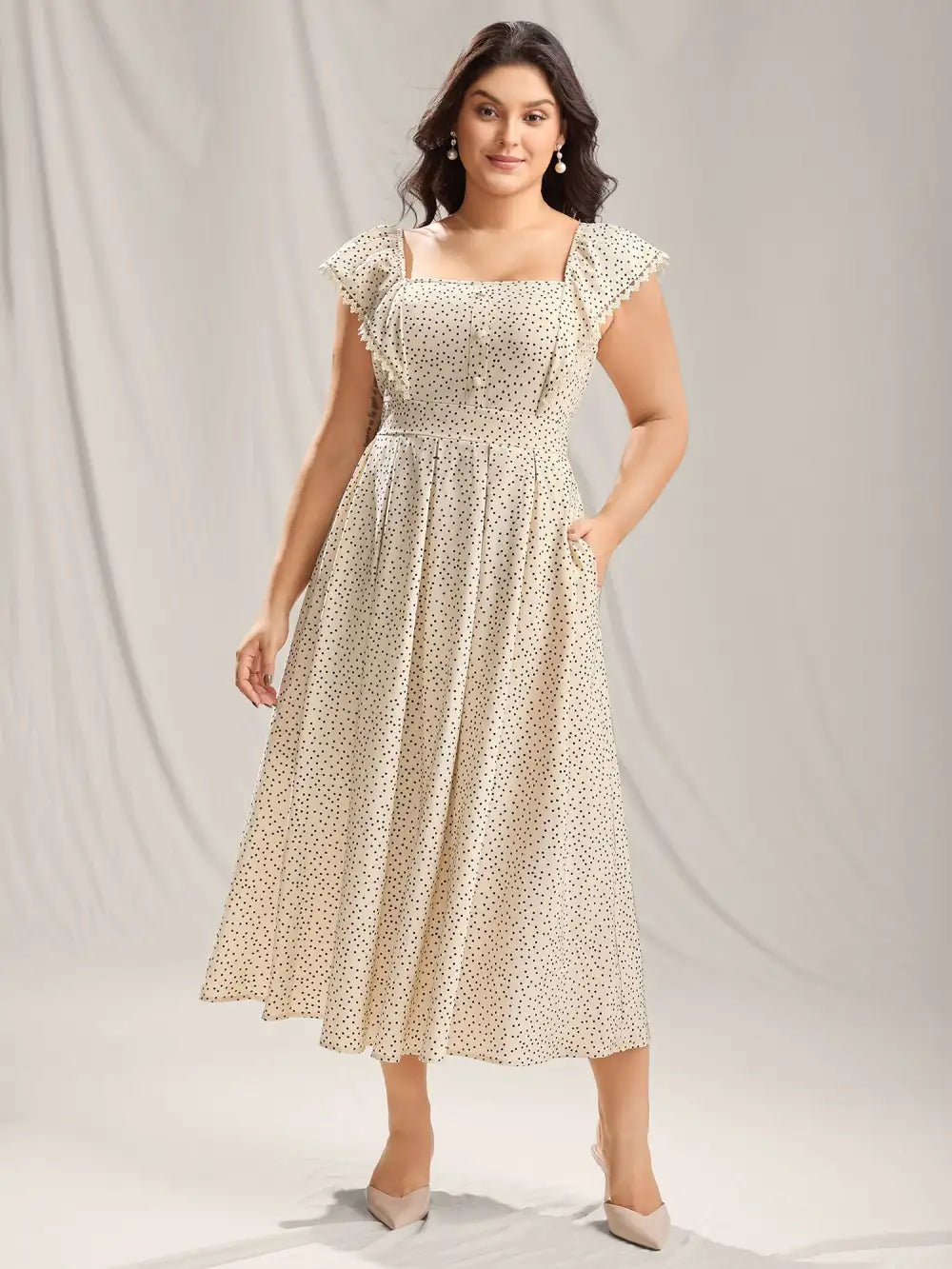 Polka Dot Cinched-Waist Pockets Midi Dress