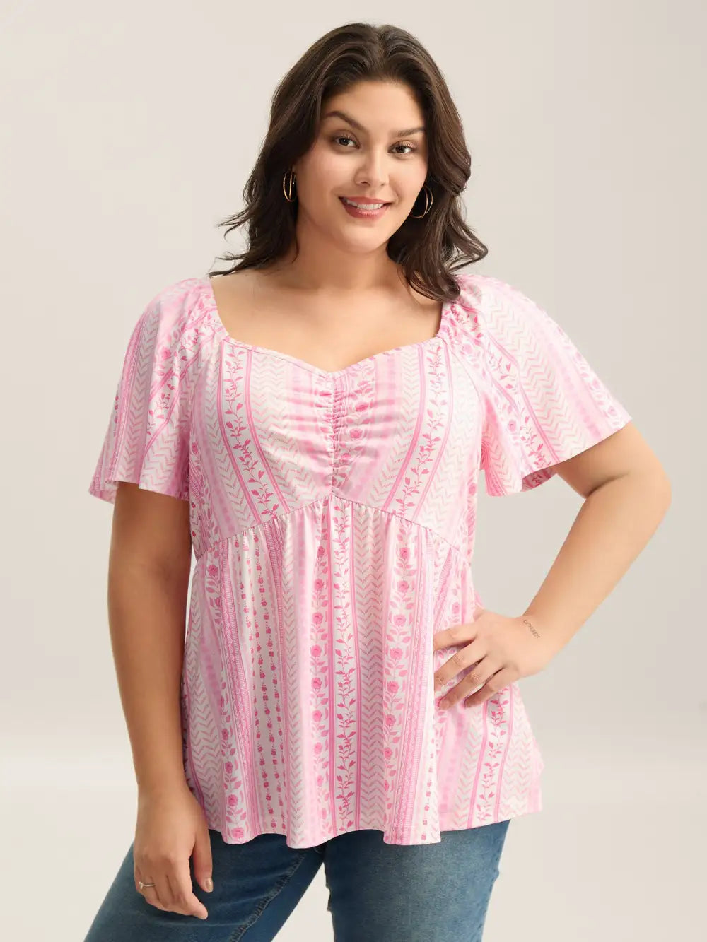 Floral Stripes Pleated Sweetheart Neck Top